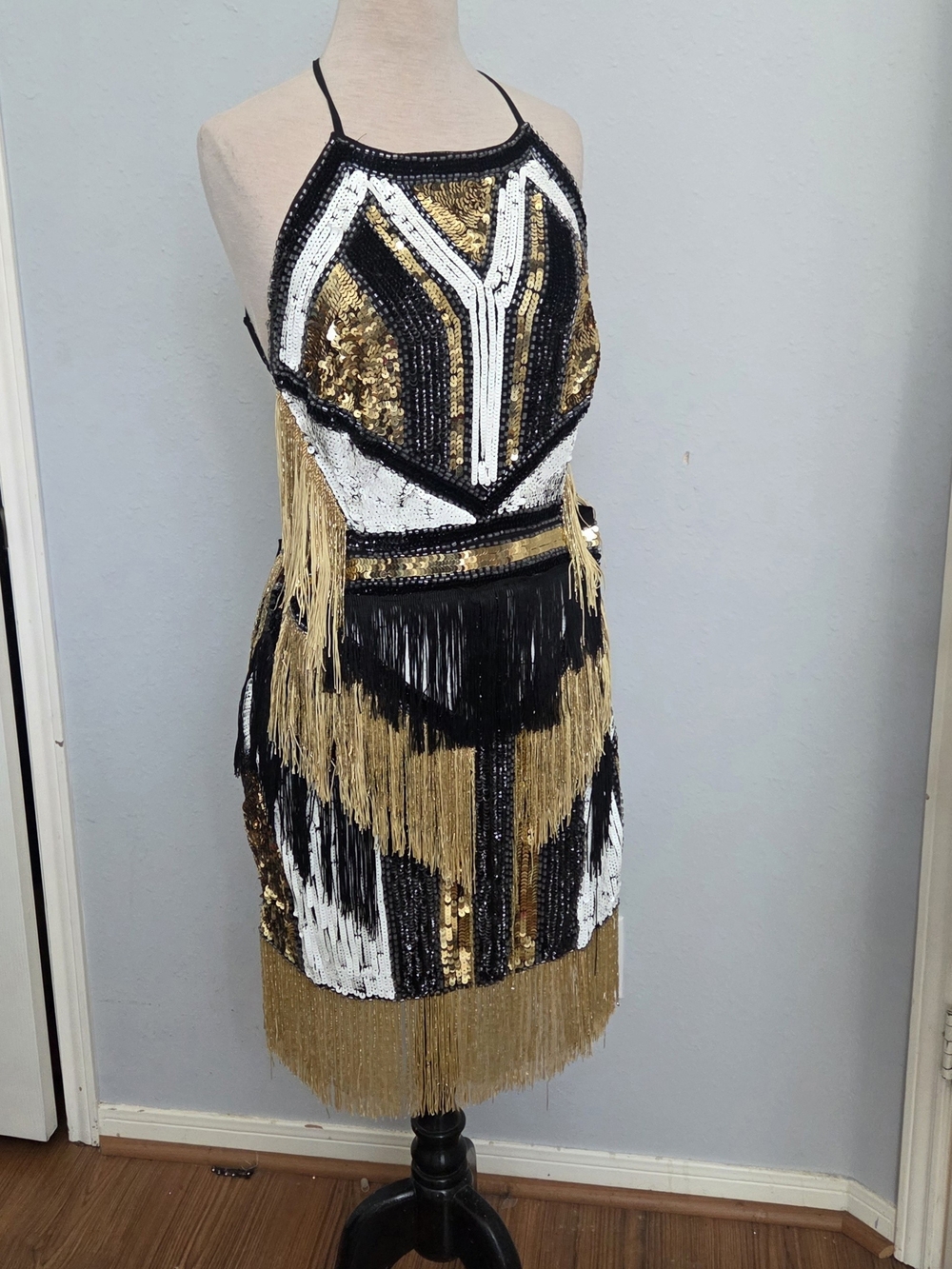 ASOS Gold, Black & White Sequin Fringe Halter Mini Dress